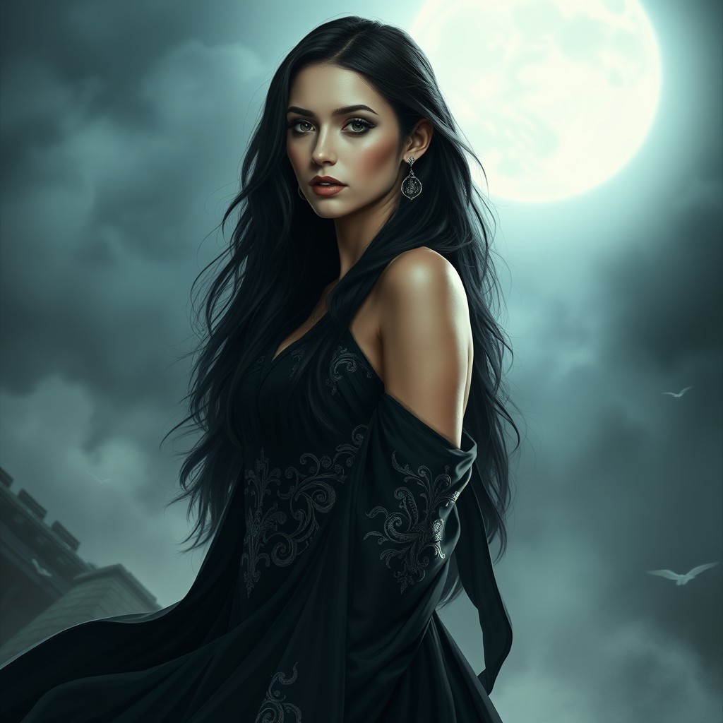 A captivating portrayal of Lilith, elegantly dressed in a flowing black gown that accentuates her mystique