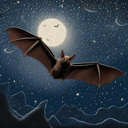 A bat in flight against a backdrop of a dark, starry night. Its wings are outstretched and detailed, illustrating the intricacy of its wingspan.