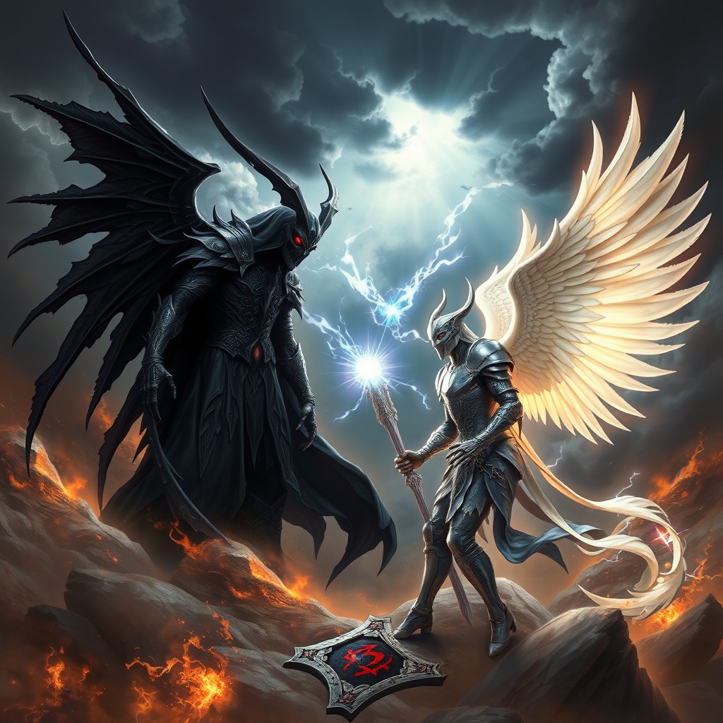 A grand, mythological confrontation between Satanael and Samael, each embodying powerful and distinct characteristics