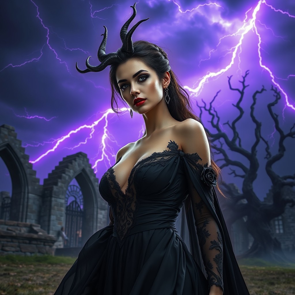 A stunningly beautiful woman representing Lilith, dressed in an elegant black gown, with intricate details and flowing fabric, captured in a gothic setting