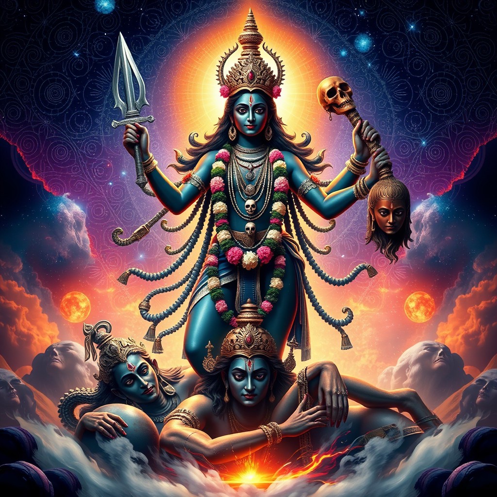 A stunning depiction of Goddess Kali, portrayed in her traditional form with dark skin, wearing a necklace of skulls and a garland of flowers