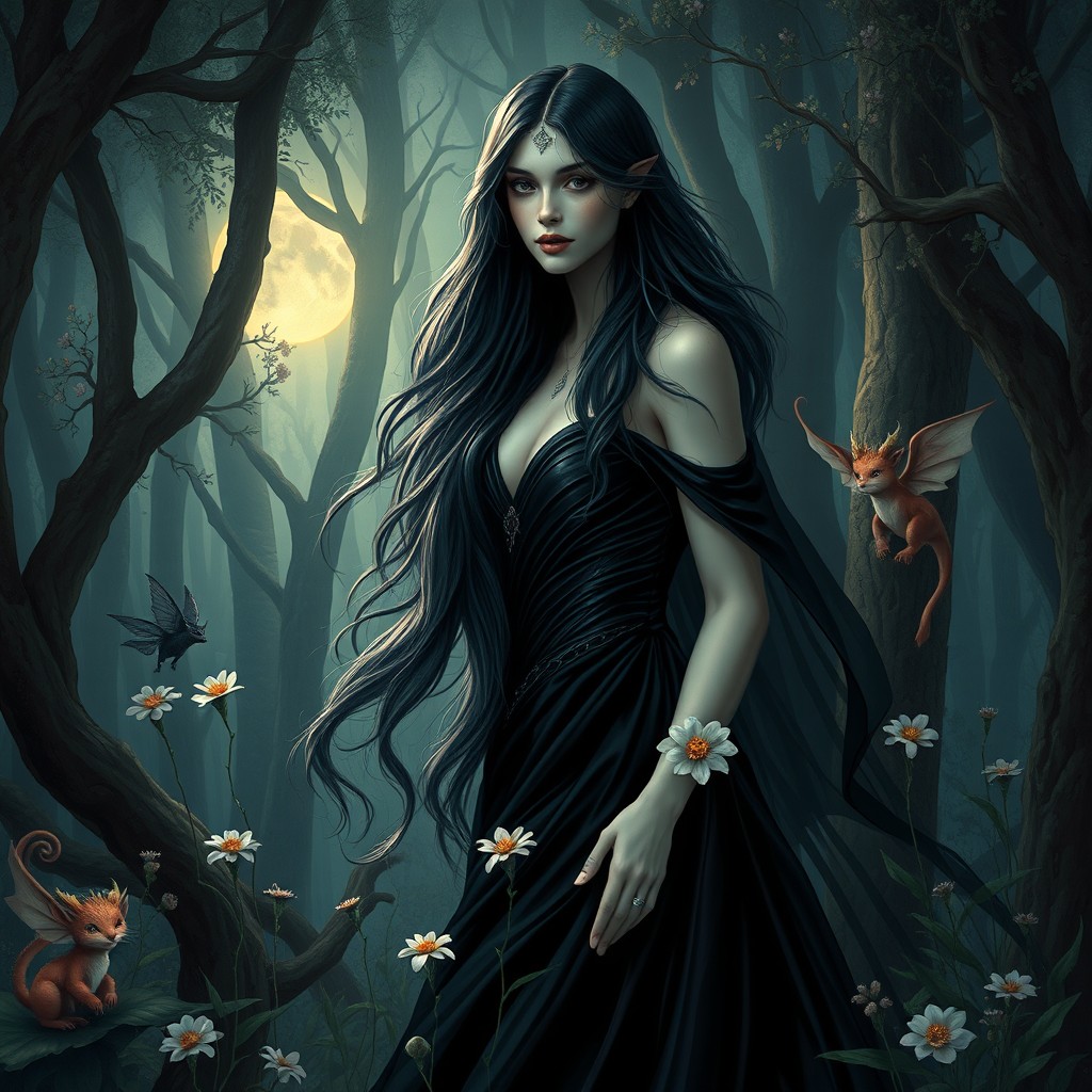 A powerful and enchanting portrayal of Lilith, the mythical figure, surrounded by a serene and magical forest