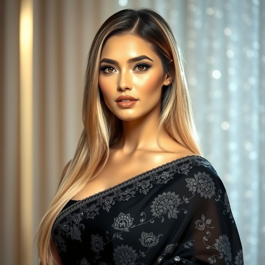 A stunning woman with striking features, showcasing long blonde hair that transitions smoothly into dark black tips, embodying a unique duality