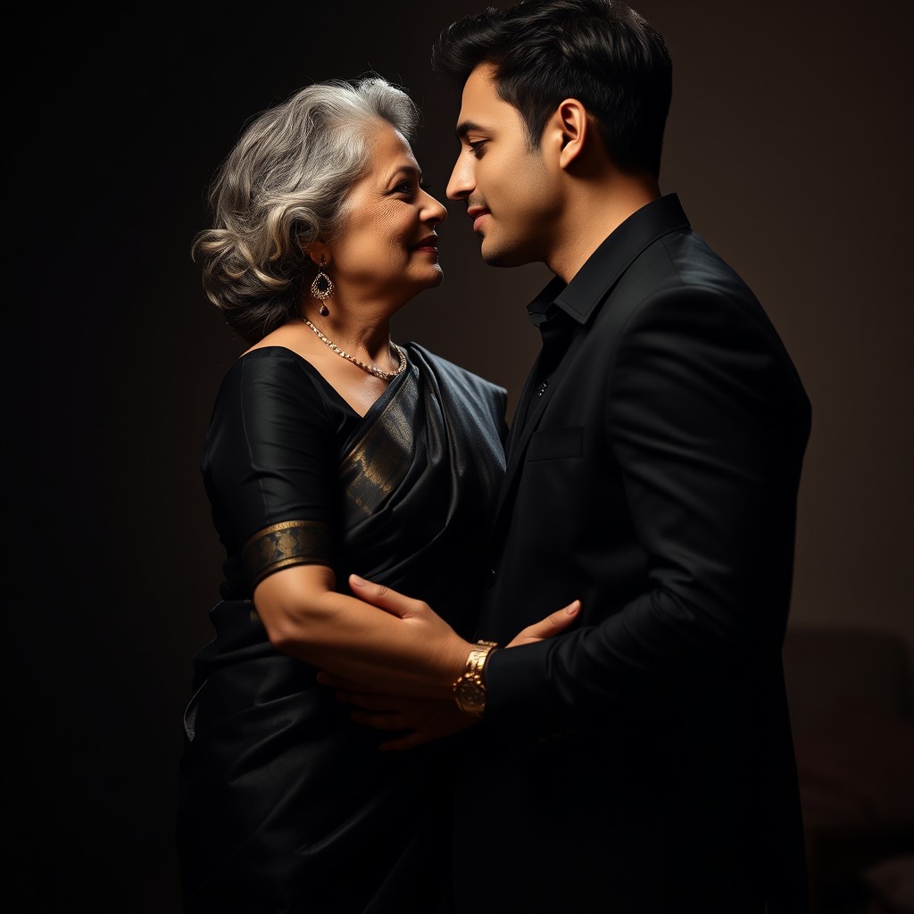 A poignant scene depicting an Indian woman aged between 50 and 55, exuding grace and sophistication, wearing an elegant black saree that flows beautifully around her