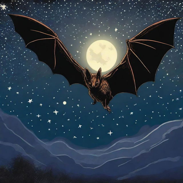 A bat in flight against a backdrop of a dark, starry night. Its wings are outstretched and detailed, illustrating the intricacy of its wingspan.