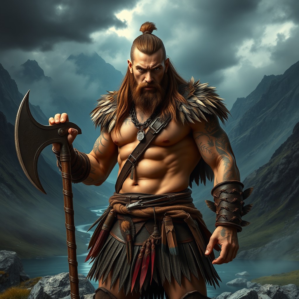 A fierce Gallus barbarian standing in a dramatic pose, showcasing a muscular physique