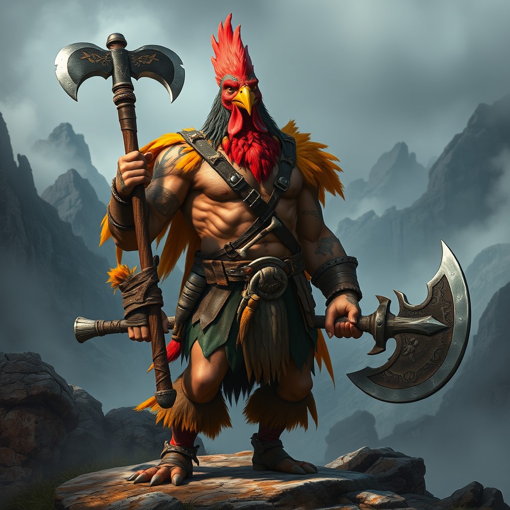 A Gallus barbarian, a humanoid man-chicken hybrid, standing powerfully in a dynamic pose