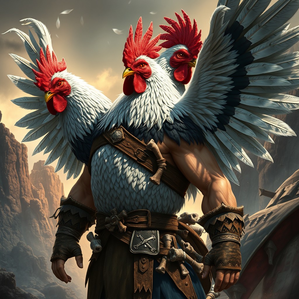 A Gallus barbarian, a humanoid man-chicken hybrid, depicted with a feathered body and large, majestic wings