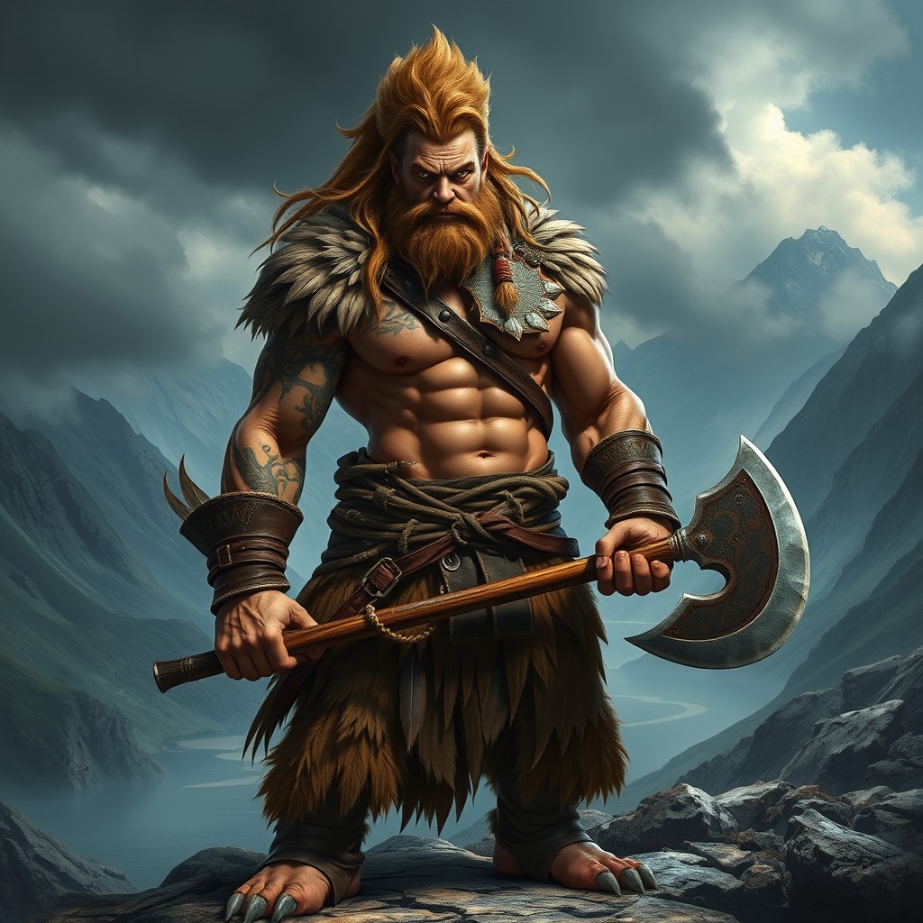 A fierce Gallus barbarian standing in a dramatic pose, showcasing a muscular physique