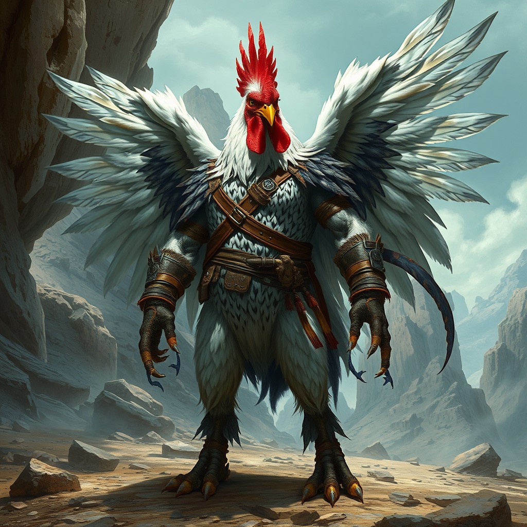 A Gallus barbarian, a humanoid man-chicken hybrid, depicted with a feathered body and large, majestic wings