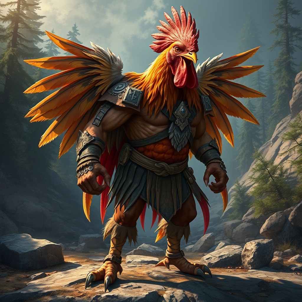 A Gallus barbarian, a humanoid man-chicken hybrid, depicted with a feathered body and large, impressive wings