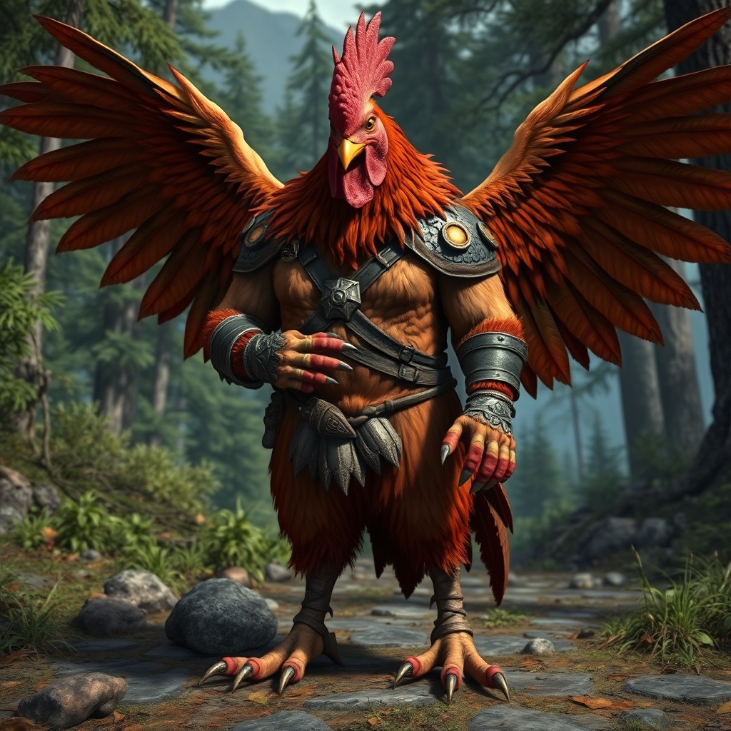 A Gallus barbarian, a humanoid man-chicken hybrid with a distinctly bird-like physique, prominently featuring feathered limbs and large, powerful wings