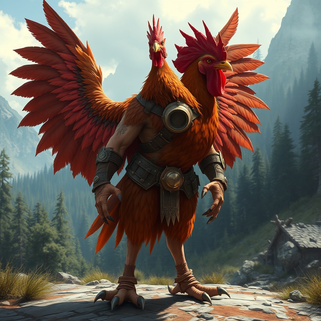 A Gallus barbarian, a humanoid man-chicken hybrid with an overall bird-like appearance, featuring a body completely covered in vibrant feathers