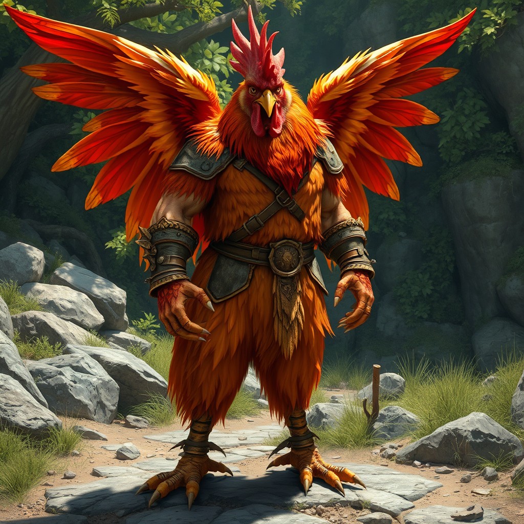 A Gallus barbarian, distinctly more bird-like than human, vividly depicted as a humanoid man-chicken hybrid