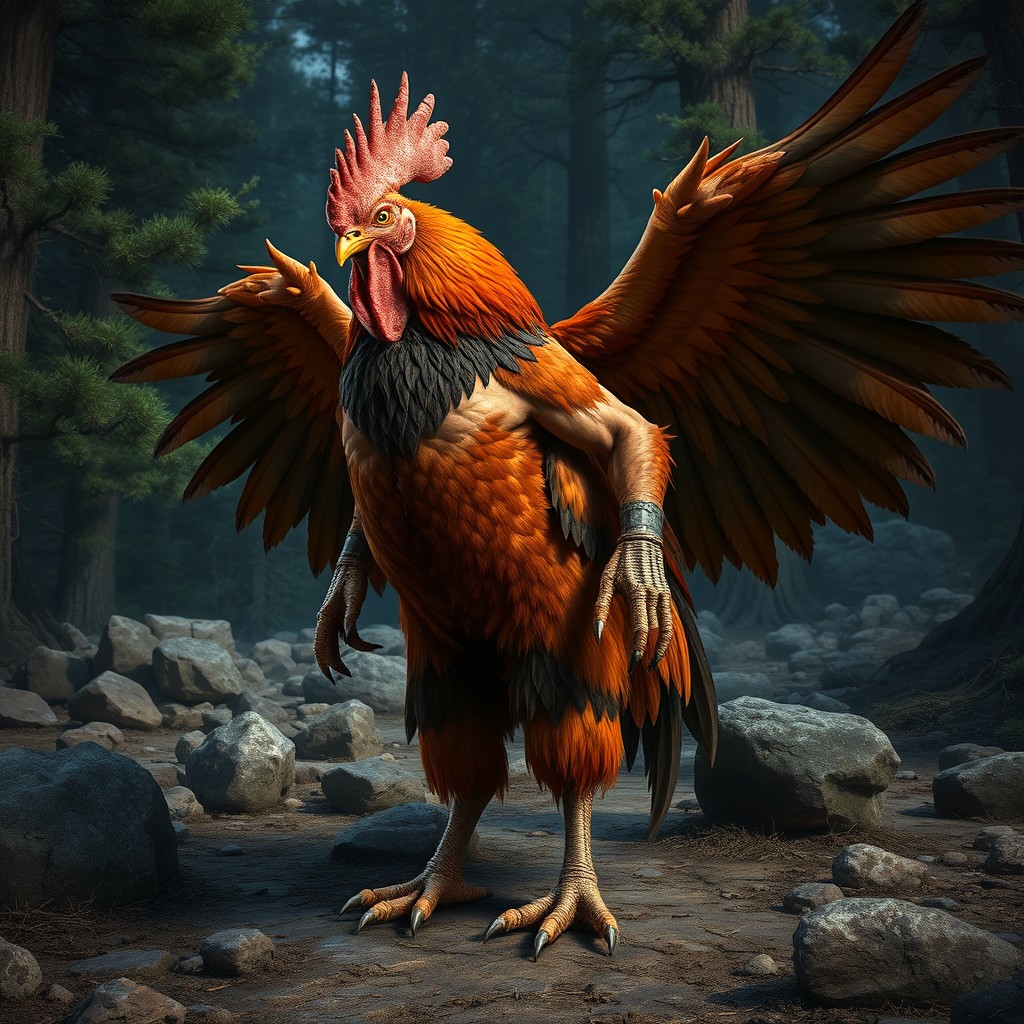 A Gallus barbarian, a humanoid man-chicken hybrid characterized by a rich brown color scheme across his fully feathered body