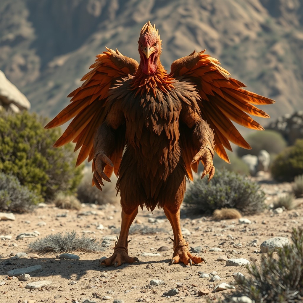 A brown colored Gallus barbarian, embodying a humanoid man-chicken hybrid with a predominantly feathered body