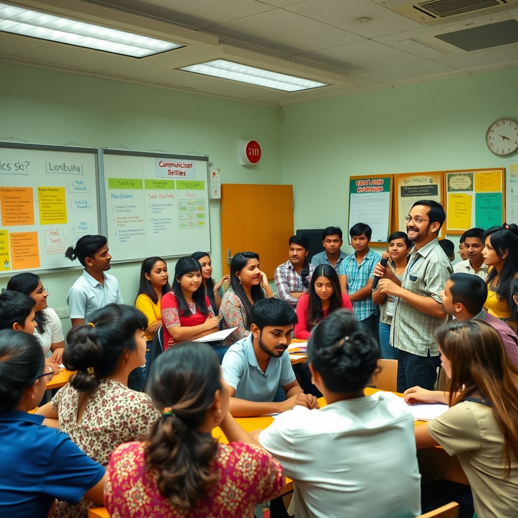 A vibrant and engaging classroom setting where students are actively participating in a communication skills workshop