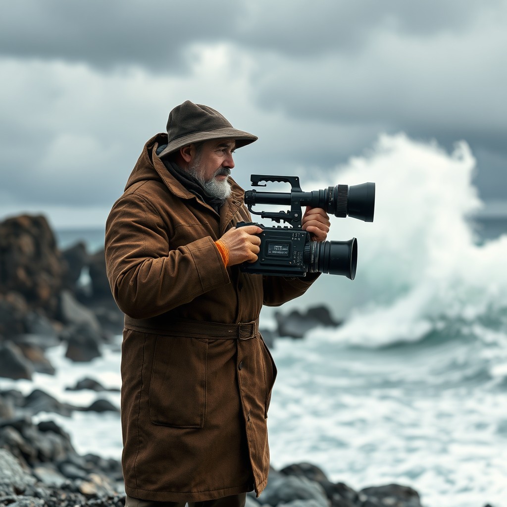 A cinematographer in a traditional whale hunting outfit, focused intently on capturing the scene, standing on a rocky shore