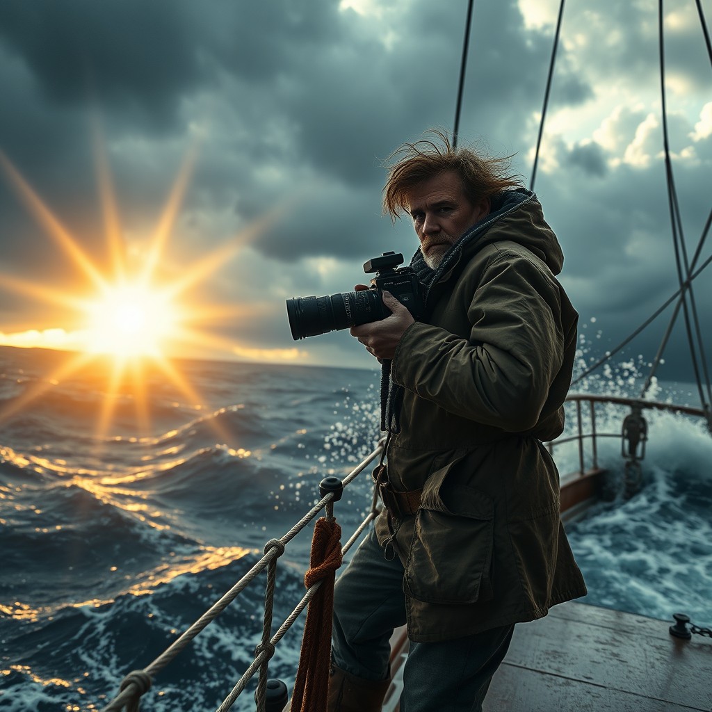A scene depicting a whaler-cinematographer standing bravely on the deck of a ship against a turbulent sea, capturing the drama of nature with a vintage film camera