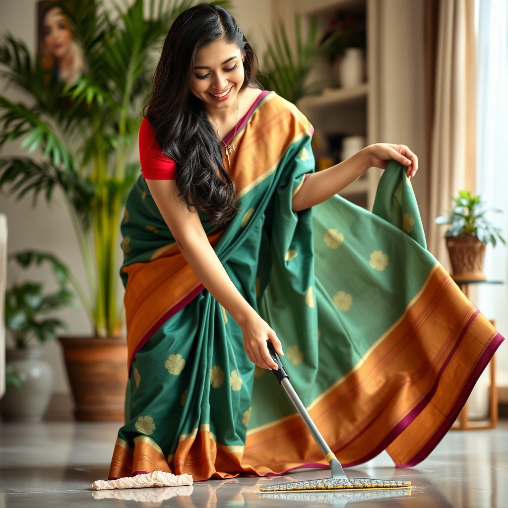 An attractive Indian maid cleaning the floor, her saree lifted up to her knees as she bends down