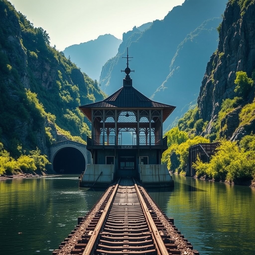 A picturesque abandoned railway platform in Psyrtsha, Abkhazia, situated in the gorge of the Psyrtsha river in the city of New Athos