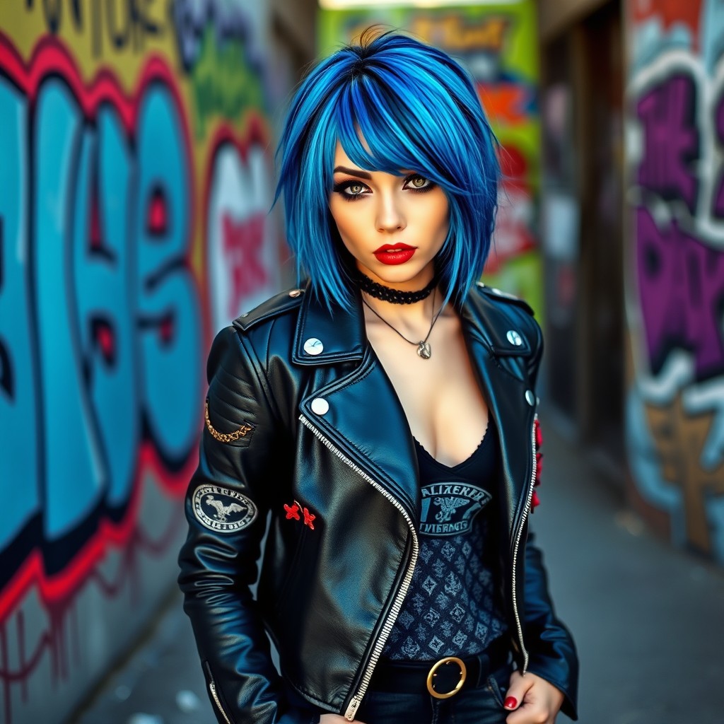 A stylish and edgy emo girl with striking blue and black hair, featuring dramatic side-swept bangs