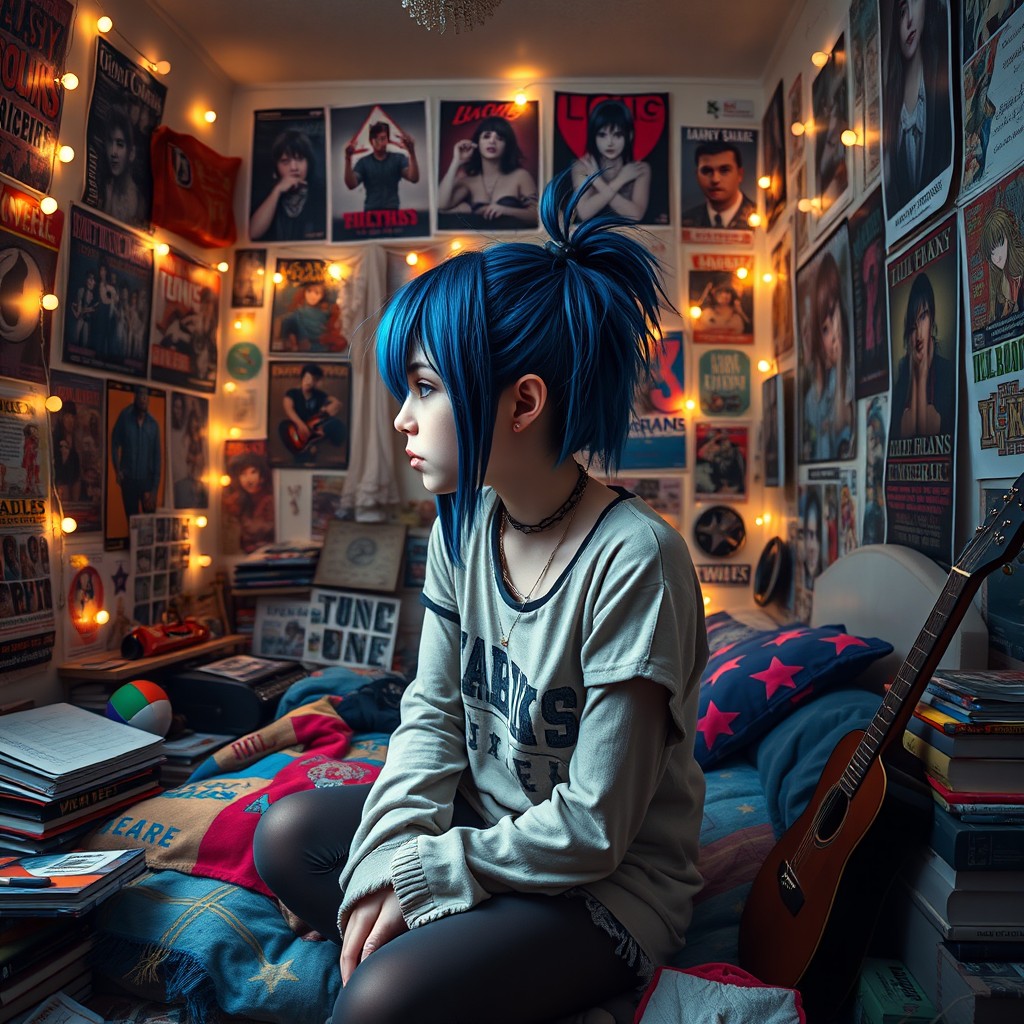 An emo girl with striking blue and black hair styled in an anime fashion, sitting in her uniquely decorated room