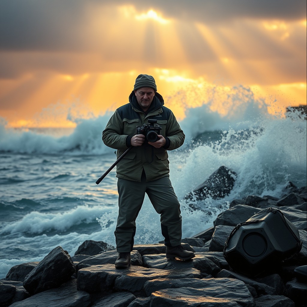 A whaler-cinematographer standing on the rocky shore, amidst a raging sea with waves crashing dramatically in the background
