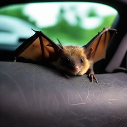 A bat comfortably sitting in the backseat of a car. The car's interior is softly lit, revealing the bat's intricate wings and curious eyes.