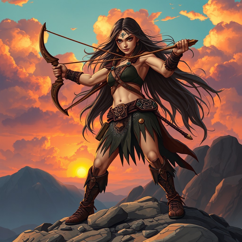 A fierce warrior girl standing confidently on a rocky outcrop, wielding a slingshot with a determined expression