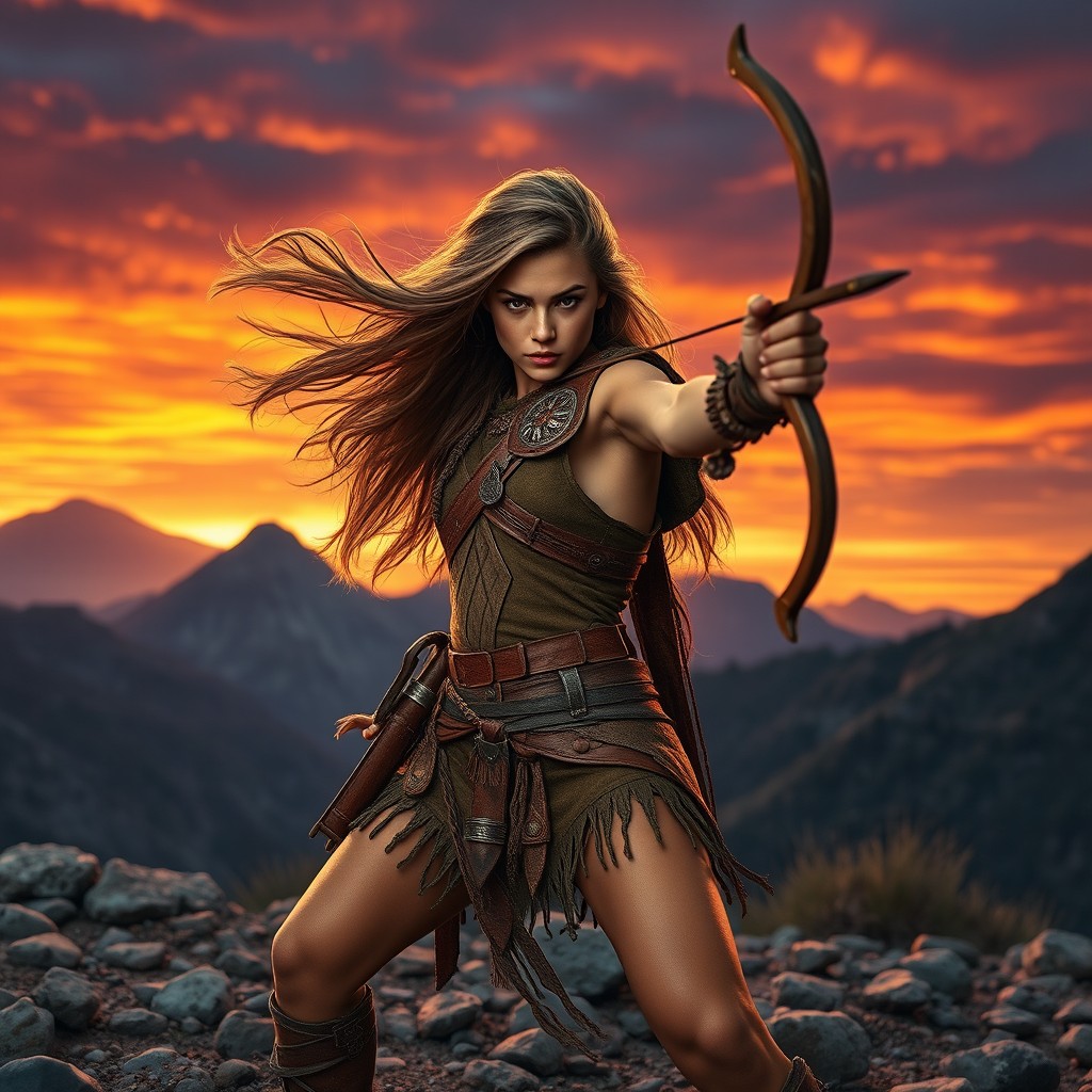 A strong and determined warrior girl poised for action, expertly holding a slingshot