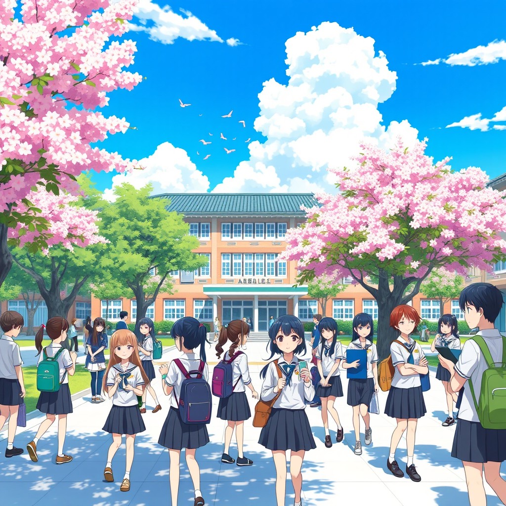 A vibrant anime-style scene set in a busy high school in Japan during a sunny day