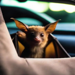 A bat comfortably sitting in the backseat of a car. The car's interior is softly lit, revealing the bat's intricate wings and curious eyes.