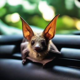 A bat comfortably sitting in the backseat of a car. The car's interior is softly lit, revealing the bat's intricate wings and curious eyes.