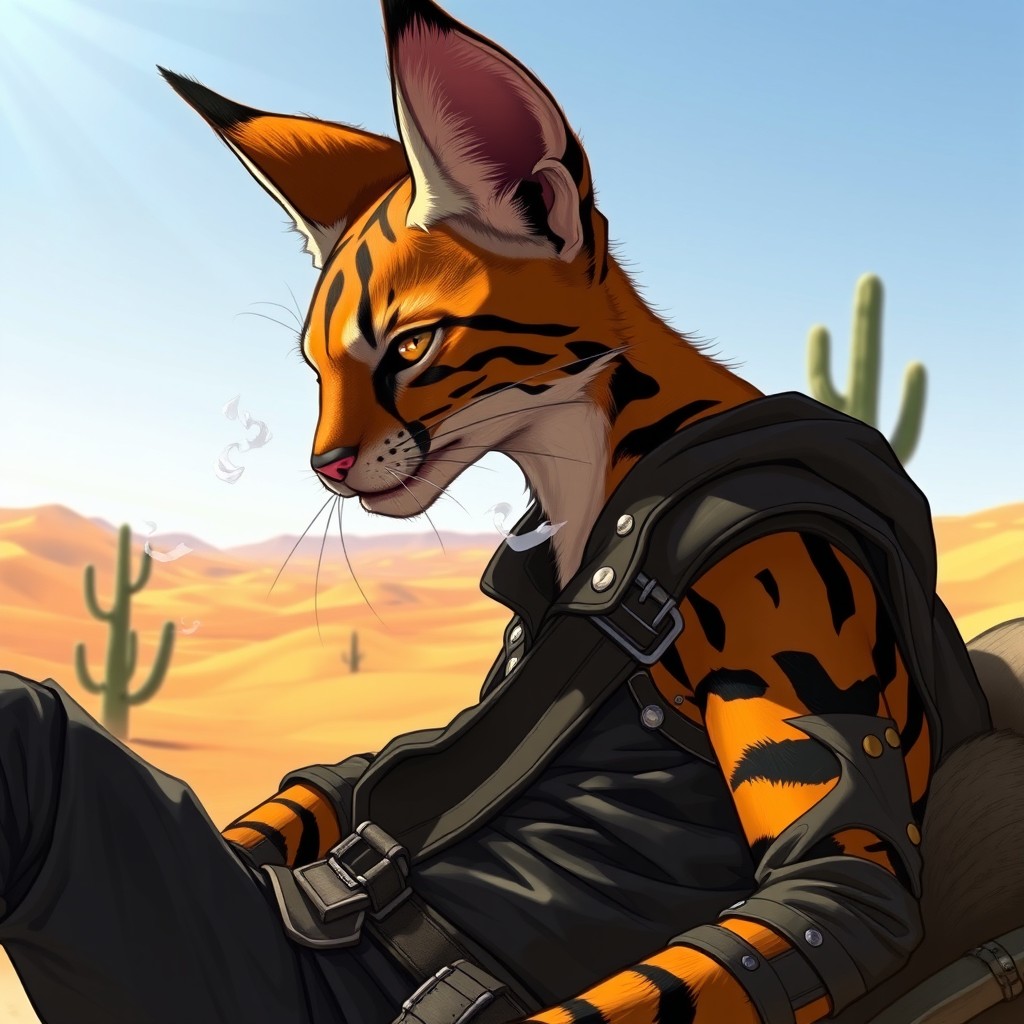 A desert tabaxi rogue with sleek fur, distinctive caracal ears, and an agile build relaxing in a sunlit arid landscape