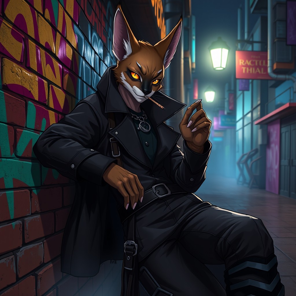 A male humanoid caracal thief lounging in a vibrant urban setting