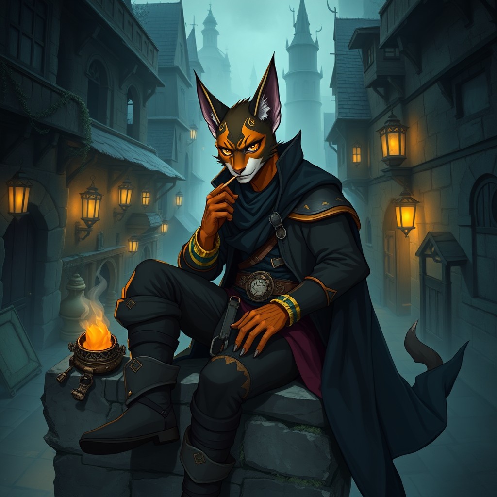A Dungeons & Dragons inspired male humanoid caracal thief character with striking feline features, including prominent caracal ears and sharp golden eyes