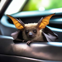 A bat comfortably sitting in the backseat of a car. The car's interior is softly lit, revealing the bat's intricate wings and curious eyes.