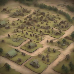 Generate an image of a complex, detailed war and strategy game with miniature soldiers, battlefield terrains, and strategic cards.