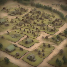 Generate an image of a complex, detailed war and strategy game with miniature soldiers, battlefield terrains, and strategic cards.