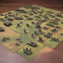 Generate an image of a complex, detailed war and strategy game with miniature soldiers, battlefield terrains, and strategic cards.