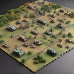 Generate an image of a complex, detailed war and strategy game with miniature soldiers, battlefield terrains, and strategic cards.