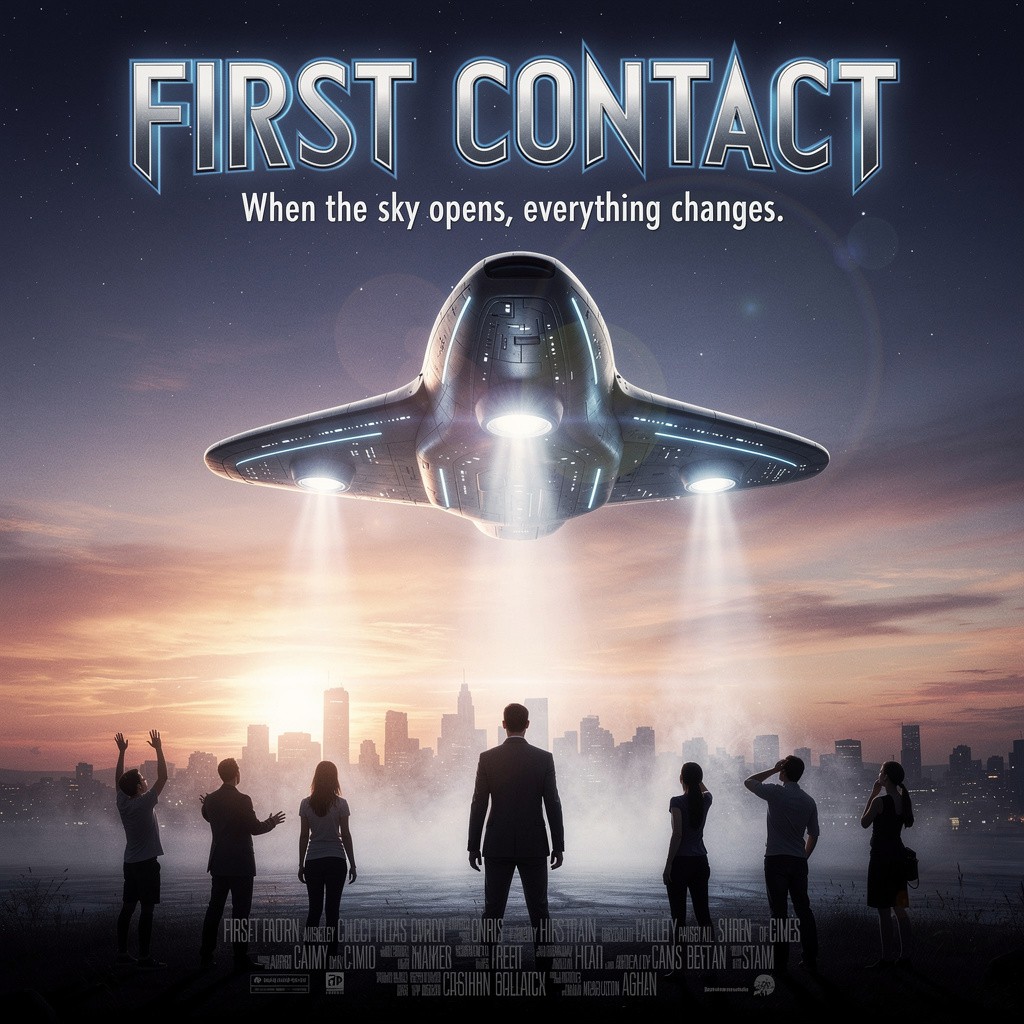 An extraordinary movie poster featuring an alien spaceship dramatically landing on Earth