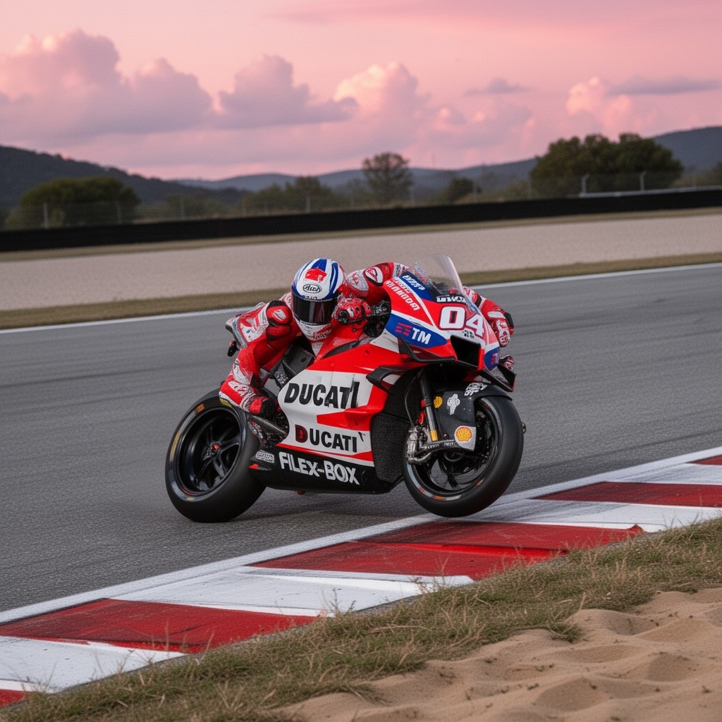 A thrilling MotoGP motorcycle race scene on a racing track, featuring a Ducati motorcycle racer number 04 executing a sharp left turn at full lean