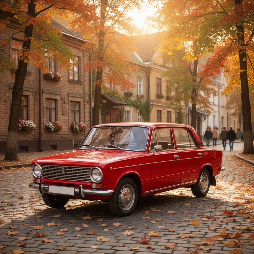 A vintage Lada car parked on a cobblestone street, surrounded by colorful autumn trees shedding their leaves