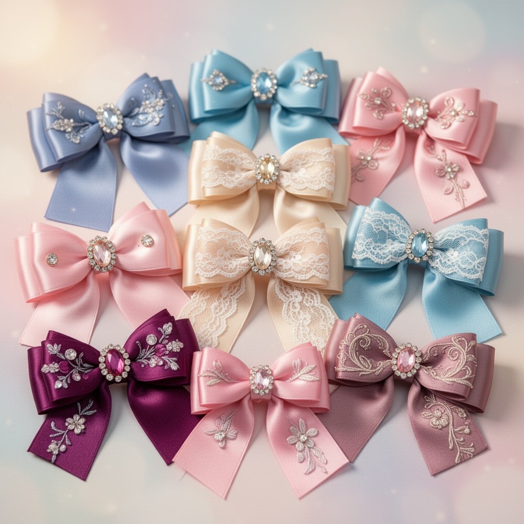 A collection of beautifully crafted bows in various styles, showcasing intricate designs and vibrant colors