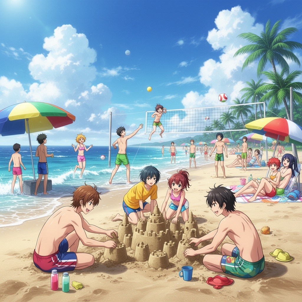 A vibrant anime scene featuring a group of diverse people enjoying a sunny day at the beach