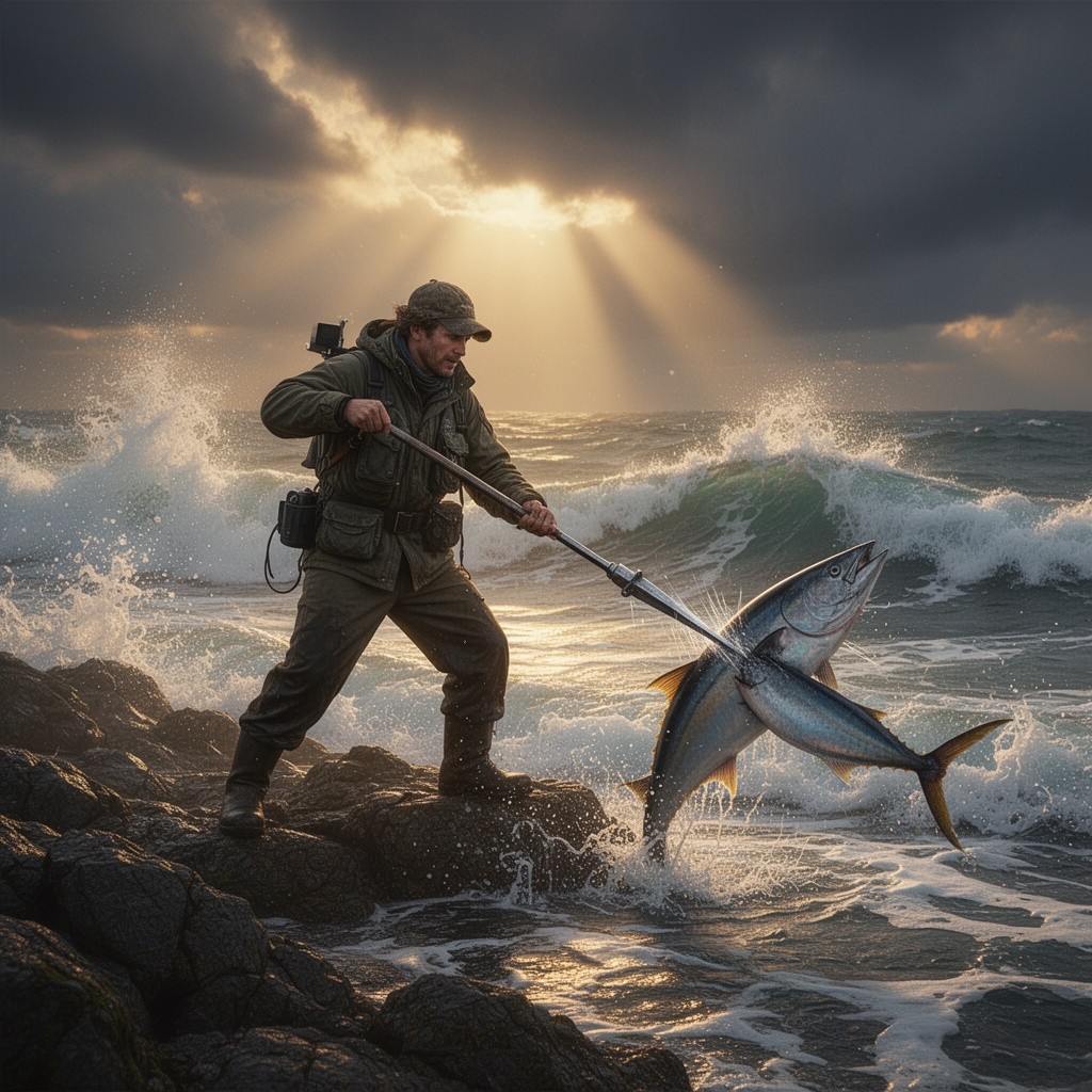 A whaler-cinematographer standing boldly on a rocky shore, with a harpoon in hand