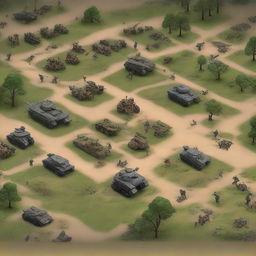 Generate an image of a complex, detailed war and strategy game with miniature soldiers, battlefield terrains, and strategic cards.