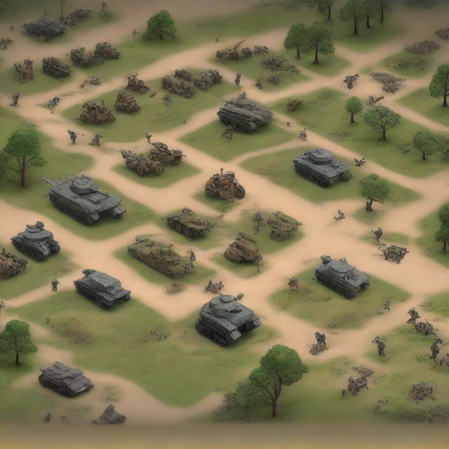 Generate an image of a complex, detailed war and strategy game with miniature soldiers, battlefield terrains, and strategic cards.